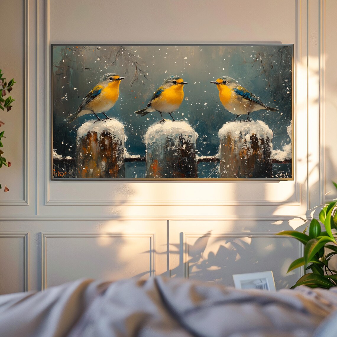 Colorful Songbirds On Snowy Fence Posts In Falling Snow Poster - Image 4
