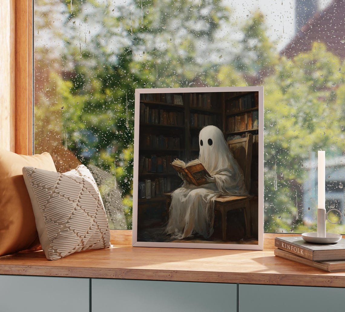 Cute Ghost Reading In Library Painting Whimsical Halloween Art Vintage Book Decor Cozy Haunted Library Wall Art 1174 - Image 2