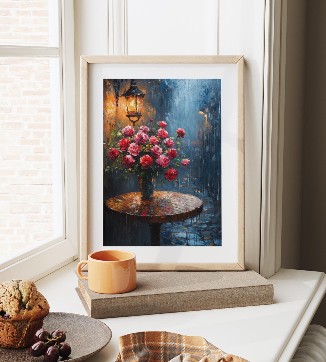 Rainy Cafe Patio Roses Lantern Glow Romantic Moody Night Wall Art - Image 4