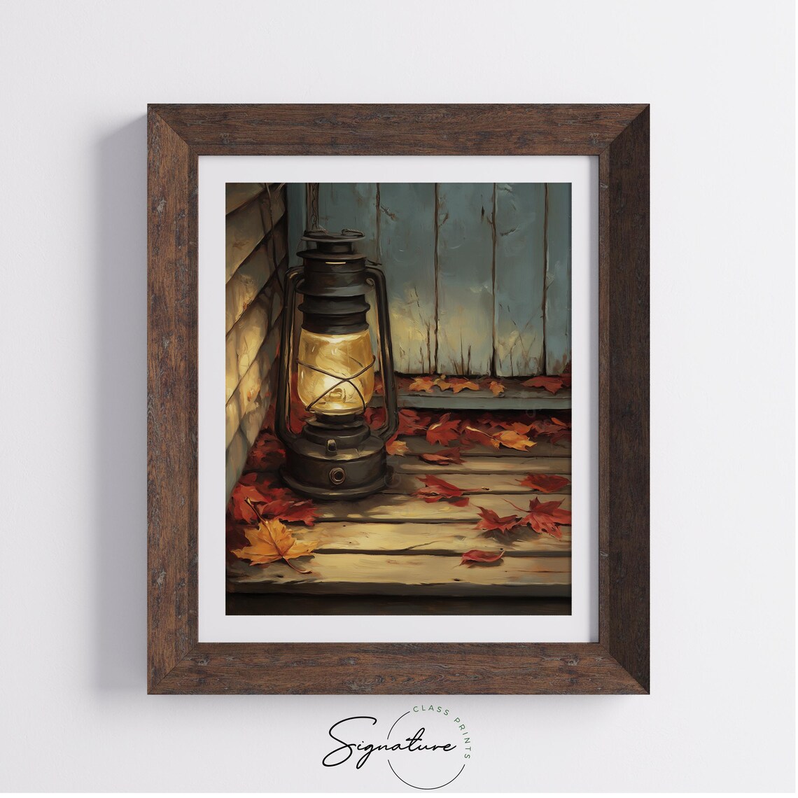 Lit Vintage Lantern On Wooden Porch With Red Autumn Leaves Poster - Image 4