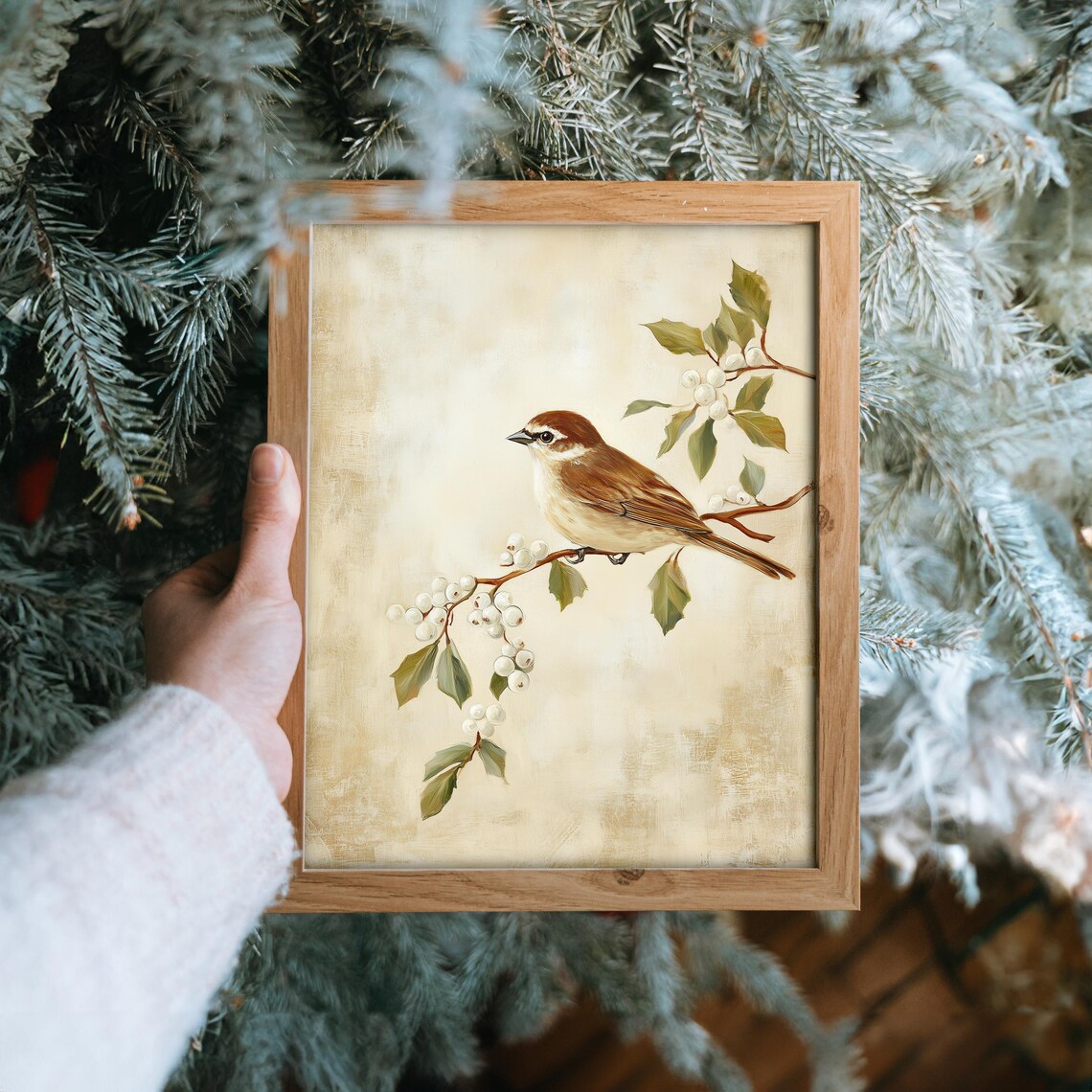 Sweet Brown Songbird on Winter Berry Branch Oil Painting Poster - Image 6