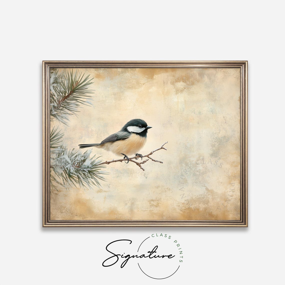 Chickadee On Frosted Pine Branch Warm Vintage Winter Bird Wall Art - Image 4