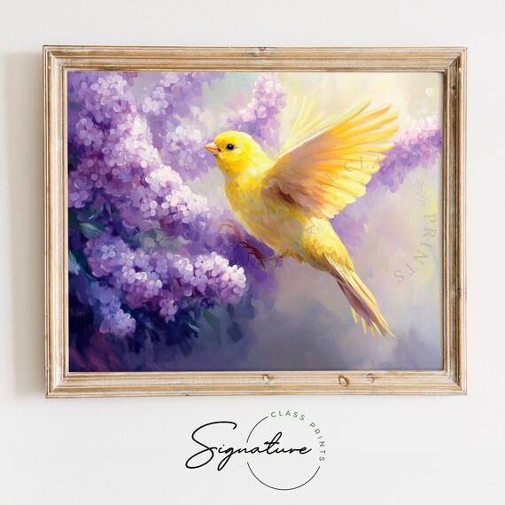 Yellow Canary With Wings Spread Among Purple Lilac Blooms Poster
