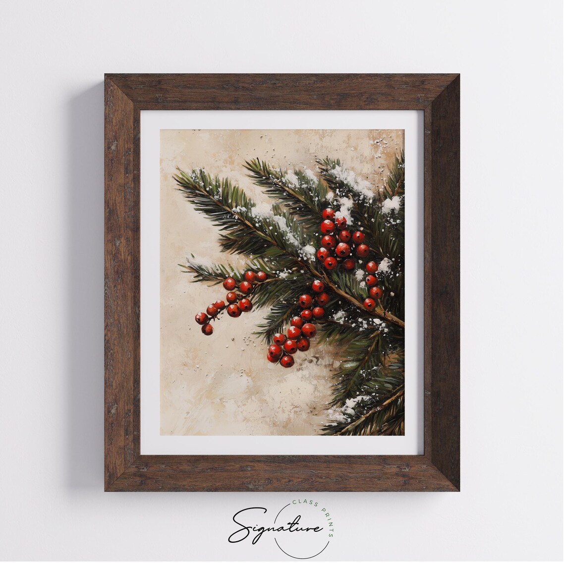 Snowy Fir Branch with Red Winter Berries Vintage Botanical Poster - Image 3