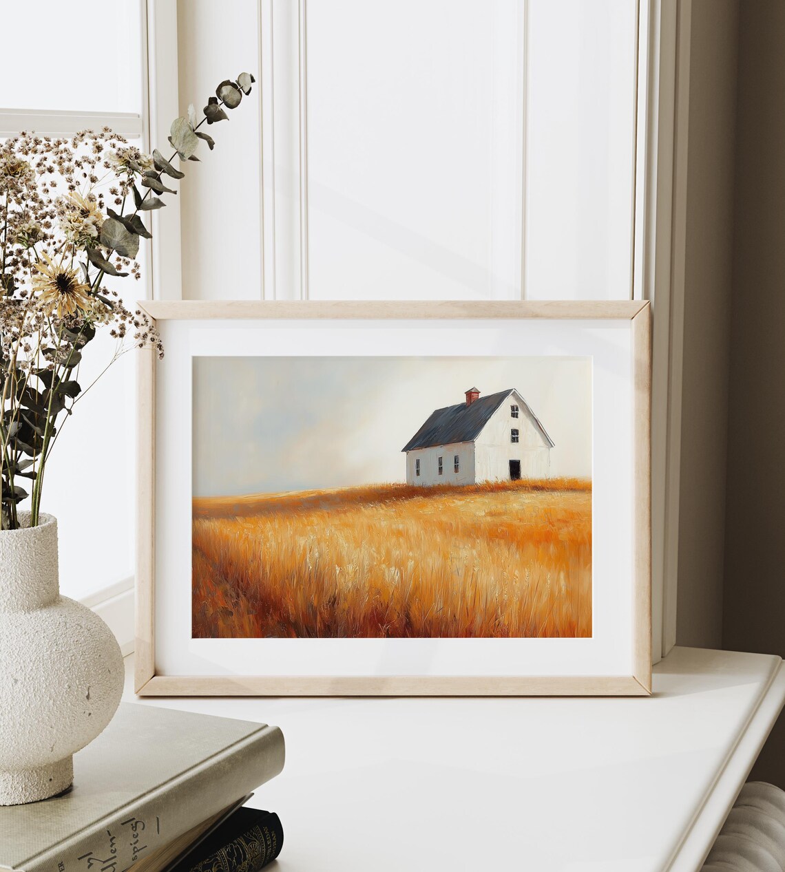 Small White Farmhouse Sitting in Sea of Golden Wheat Under Soft Sky Wall Art - Image 6