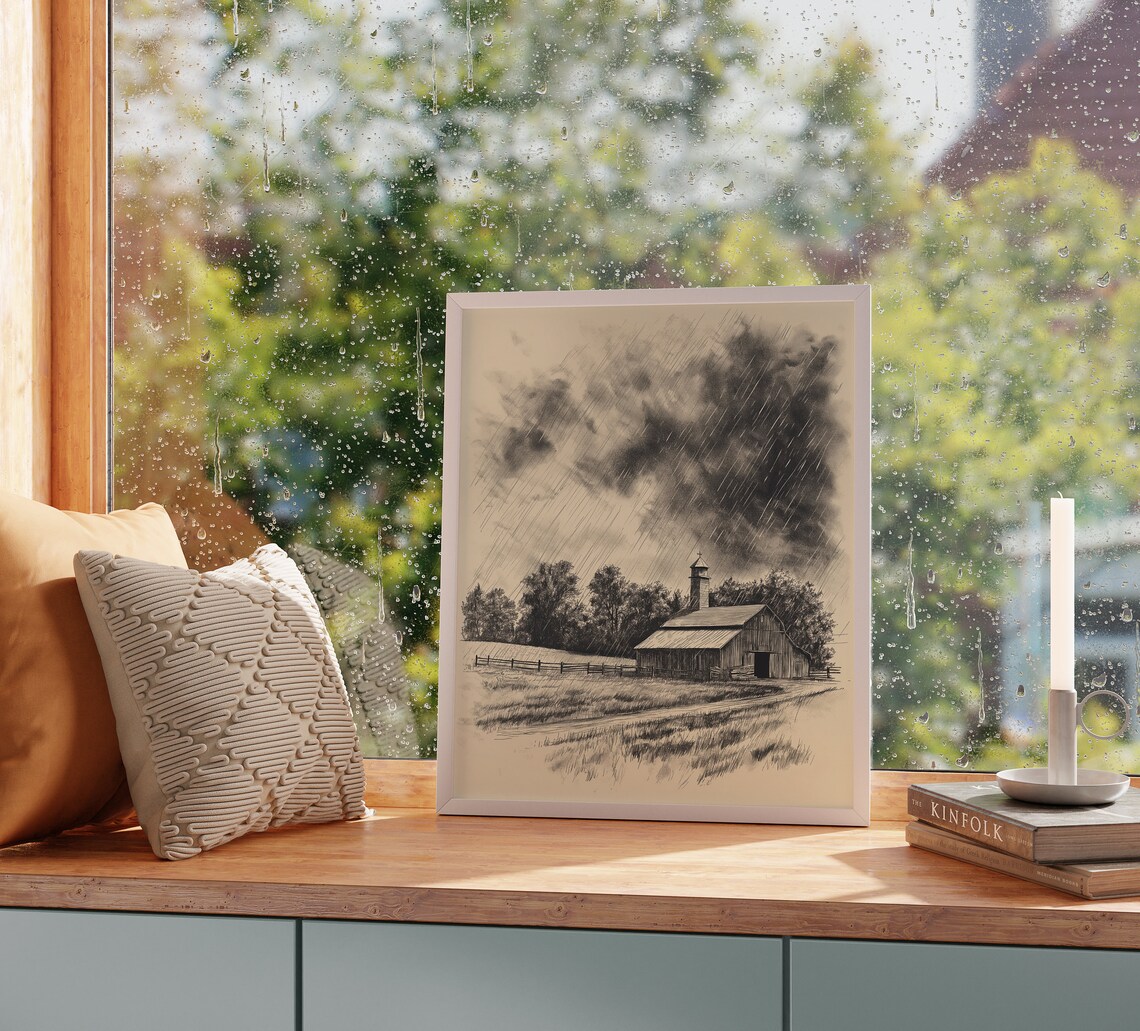 Storm Clouds Over Barn In Rain Vintage Farm Sketch Poster Art - Image 2