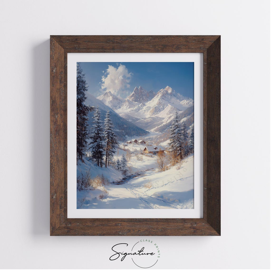 Snowy Mountain Village Cabins Alpine Winter Landscape Poster - Image 2