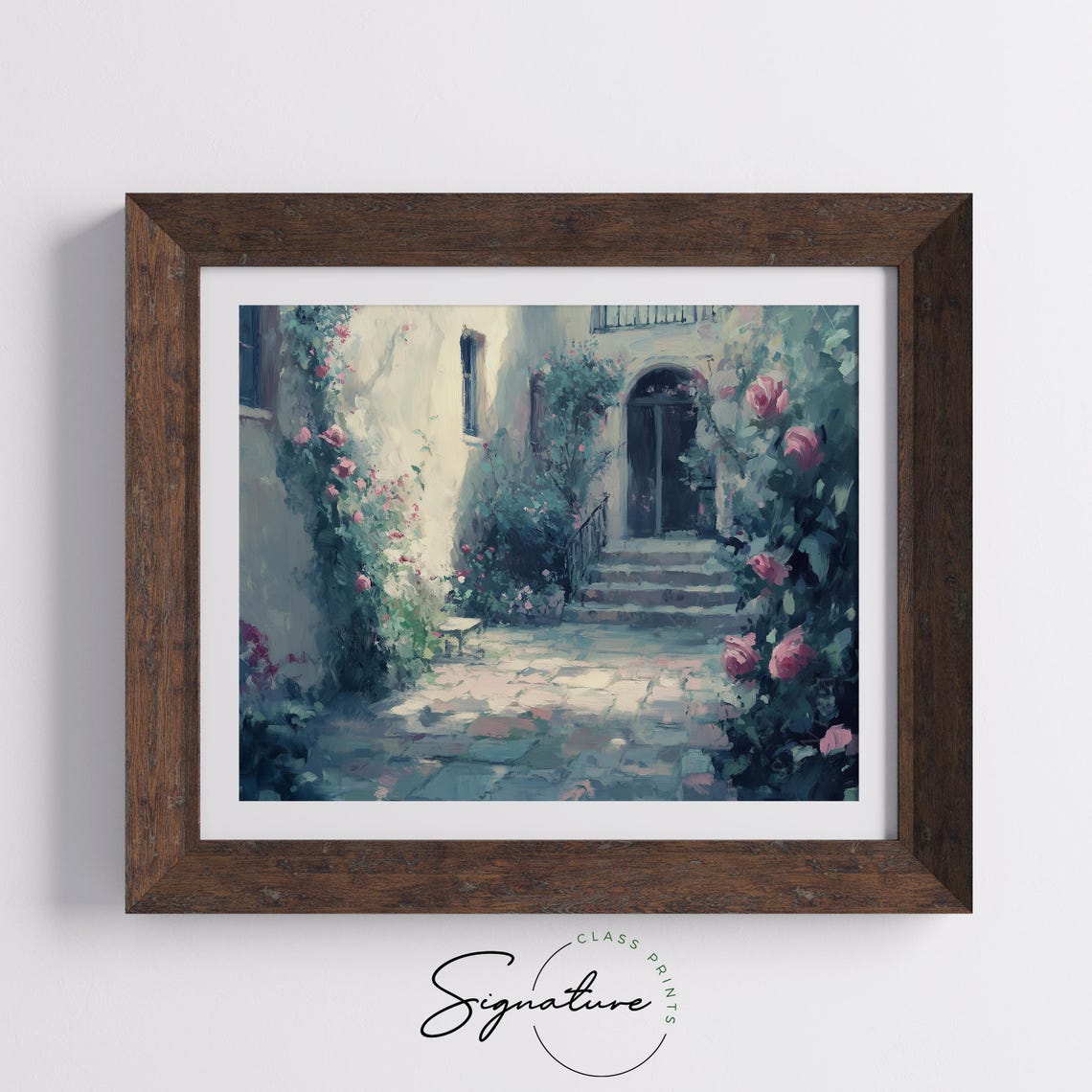 Sunlit Rose Covered Courtyard Villa Impressionist Floral Wall Art - Image 5