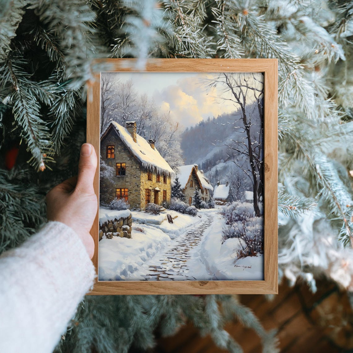 Glowing Stone Cottages on Snowy Village Path Winter Scene Poster - Image 6