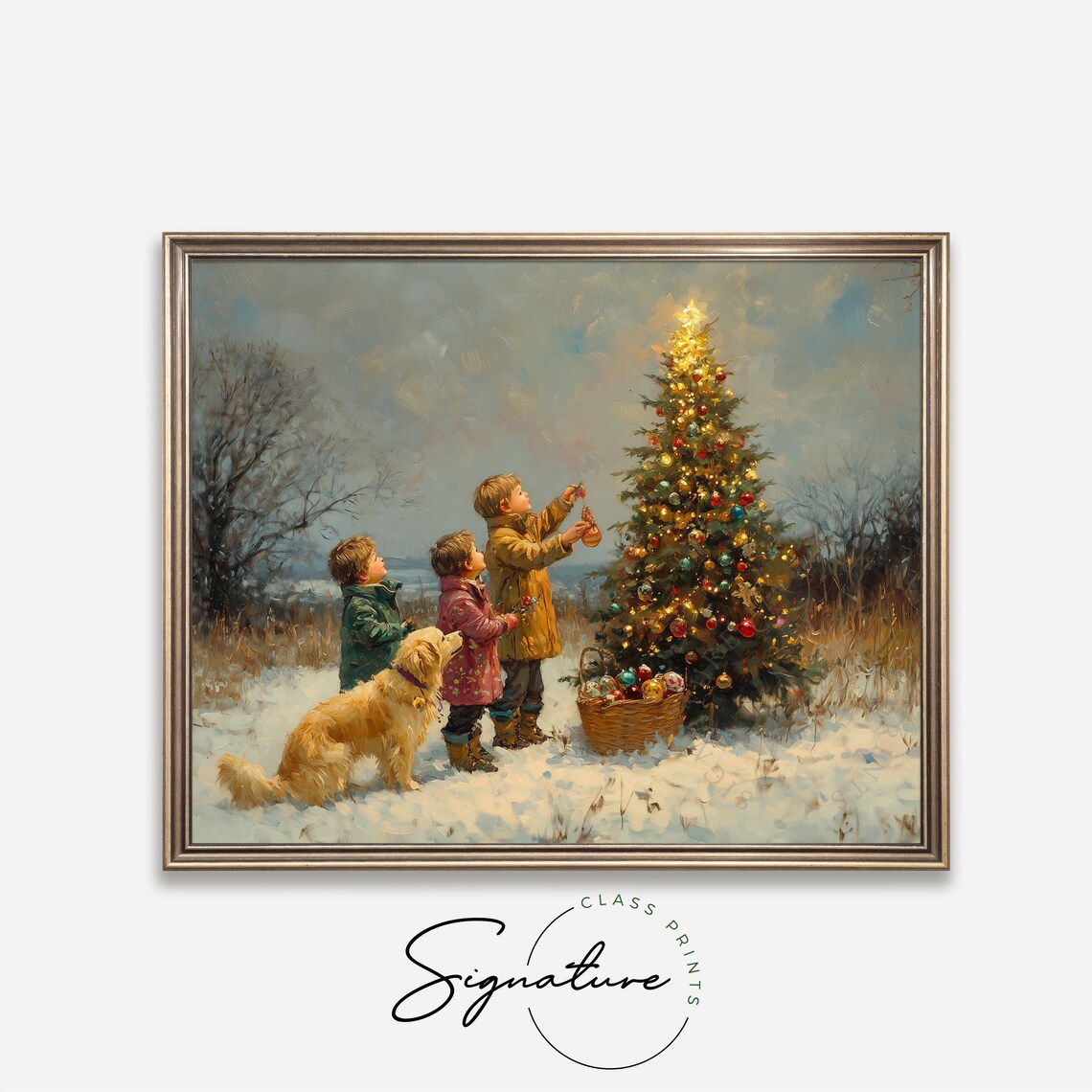 Children and a Dog Decorating a Christmas Tree in the Snow Poster - Image 4