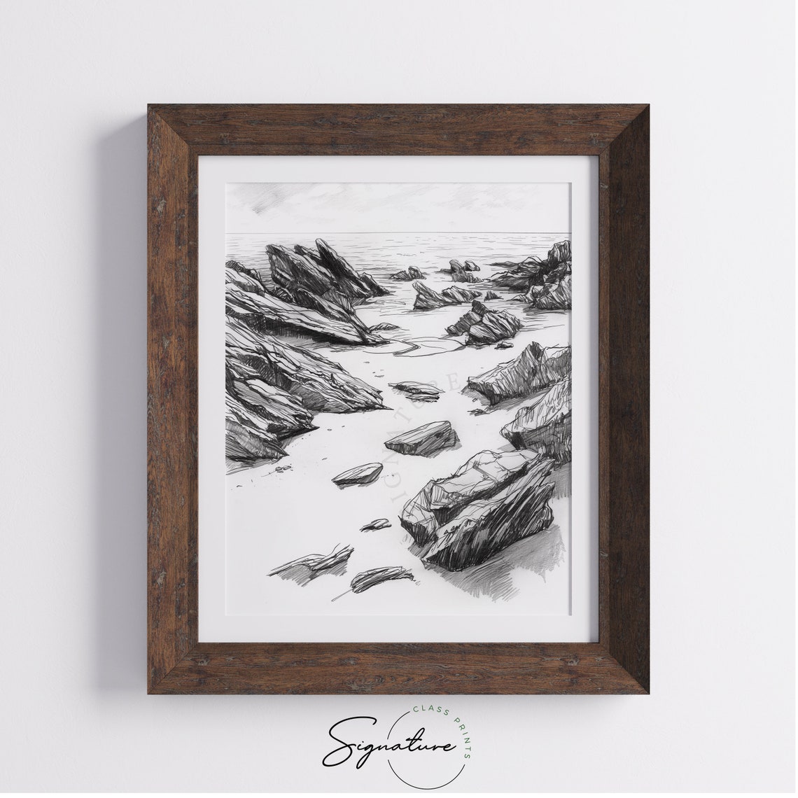 Rocky Shoreline At Low Tide Monochrome Coastal Sketch Ocean Poster - Image 4
