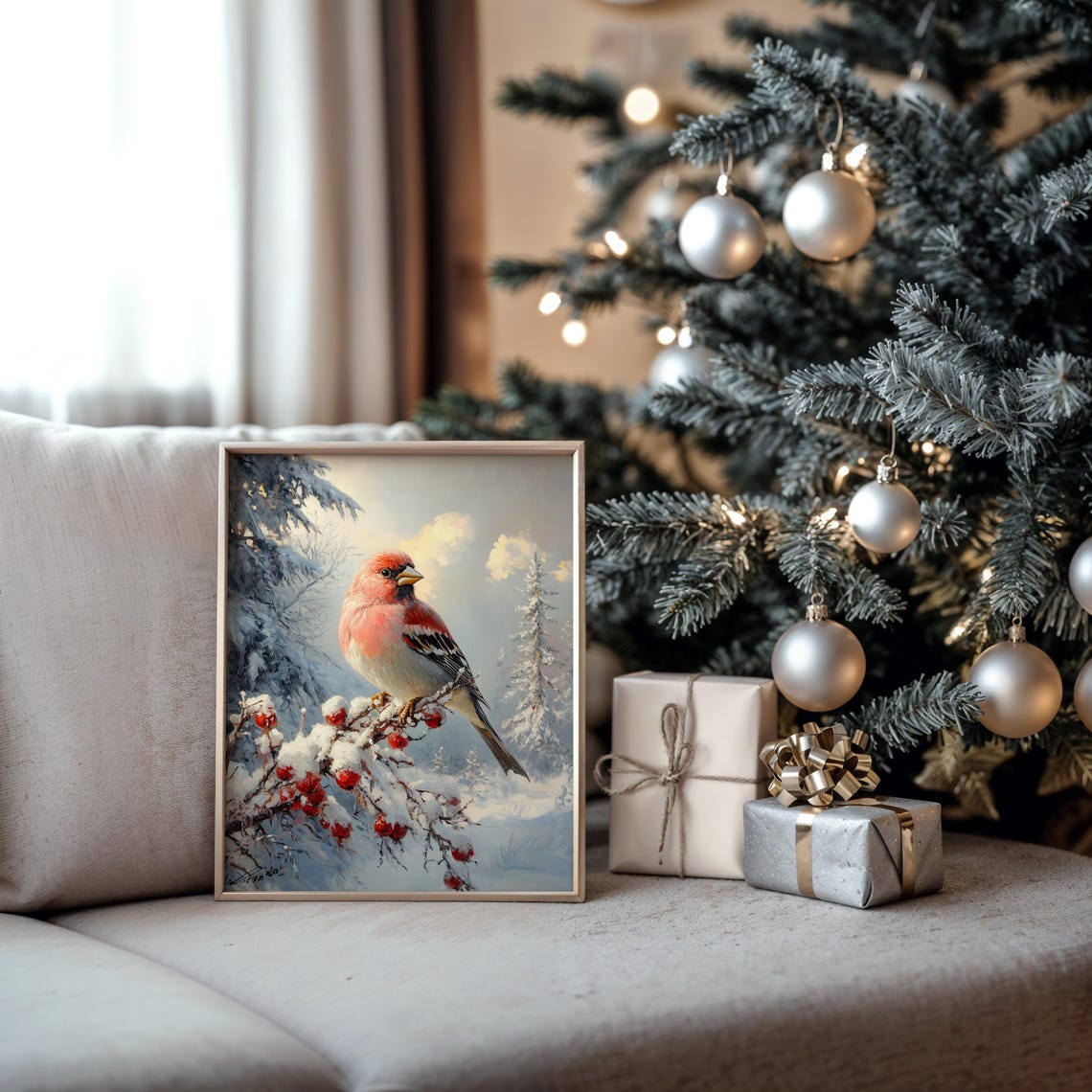 Charming Pine Grosbeak Bird On Snowy Berry Branch Wildlife Poster - Image 5