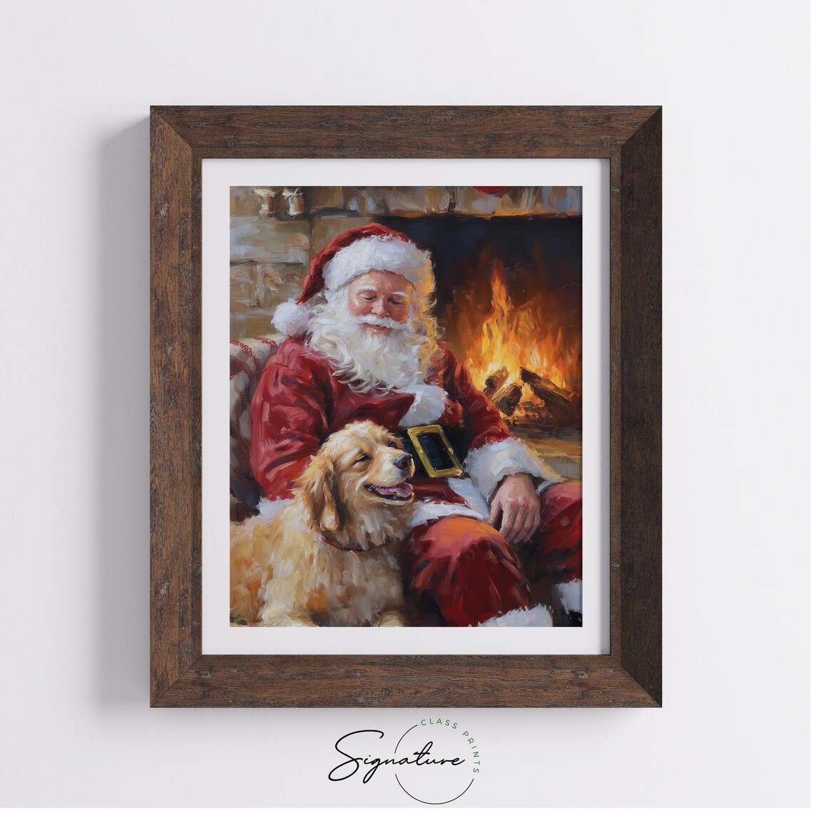 Santa Claus With Golden Retriever By Fireplace Holiday Art Poster - Image 5