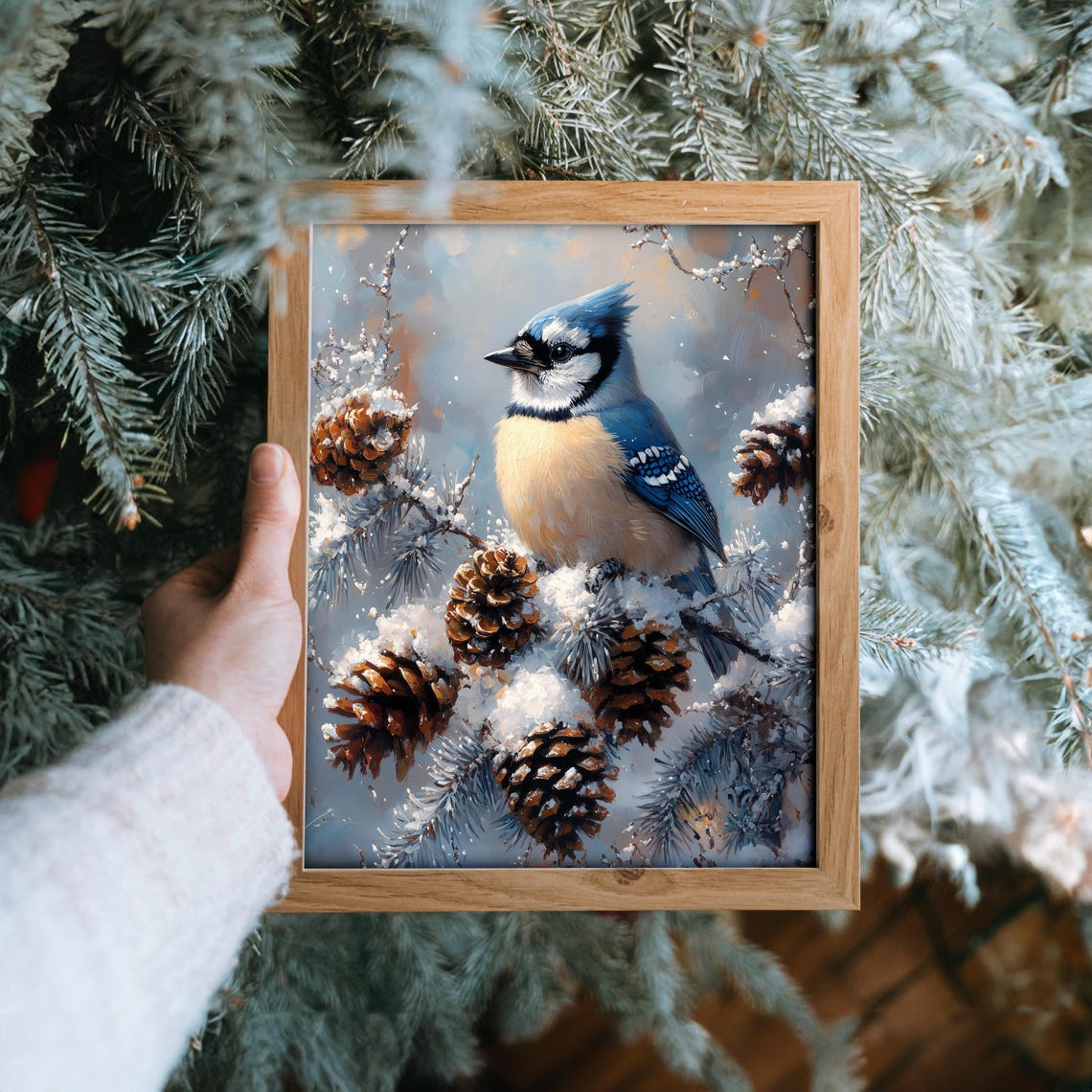 Blue Jay Among Snow Dusted Pinecones Winter Bird Painting Poster - Image 6