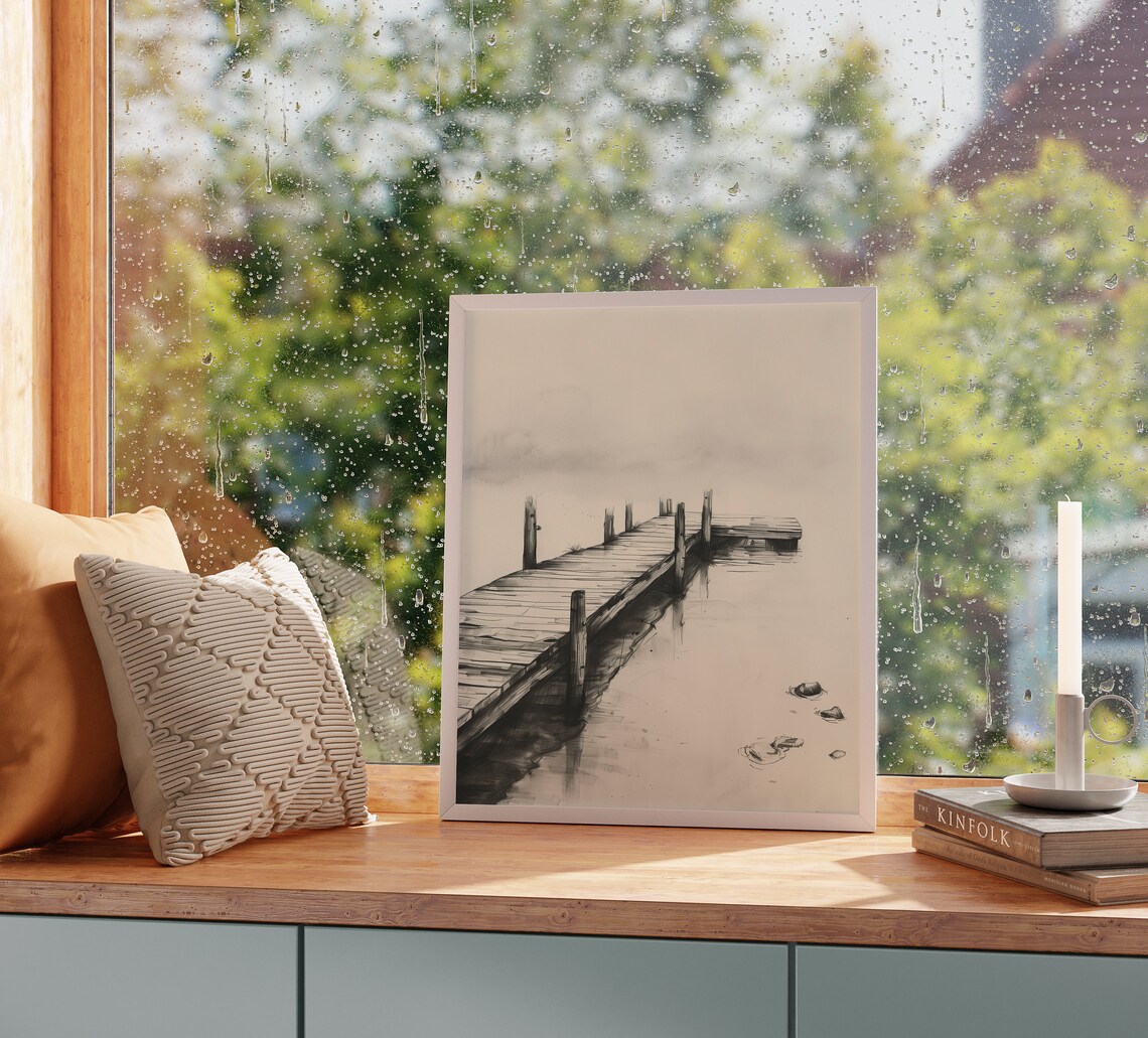 Weathered Wooden Pier In Misty Lake Serene Water Sketch Art Poster - Image 2