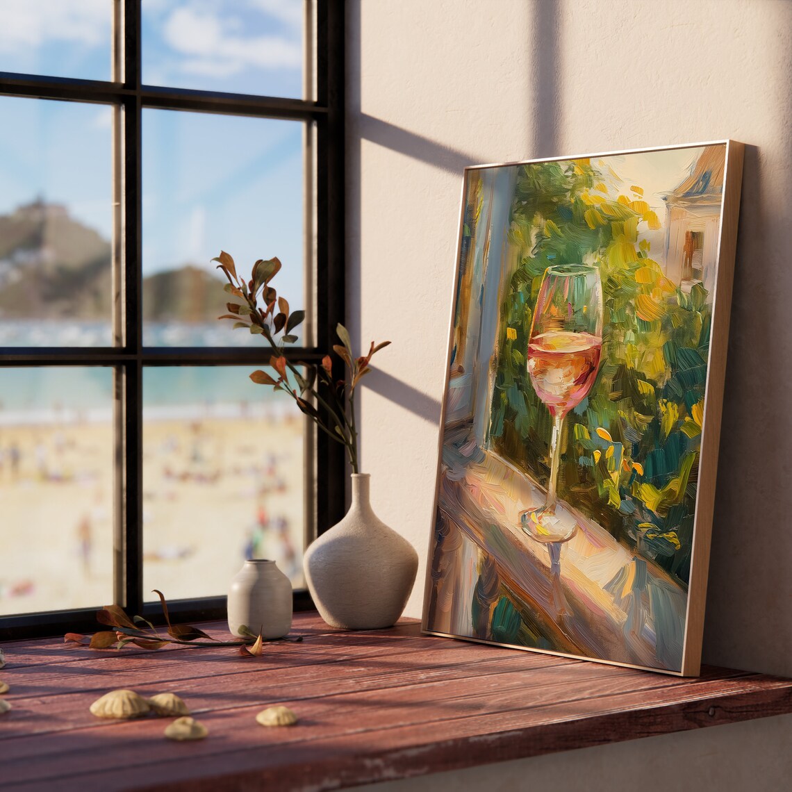 Glass Of Rose Wine On Balcony Sunlit Garden View Painting Poster - Image 5