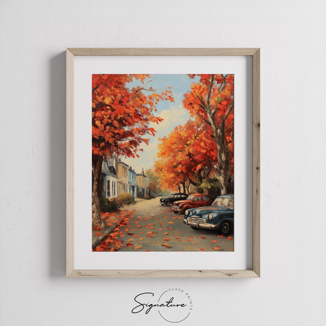 Row of Classic Cars Parked on a Charming Fall Street Painting Poster - Image 3