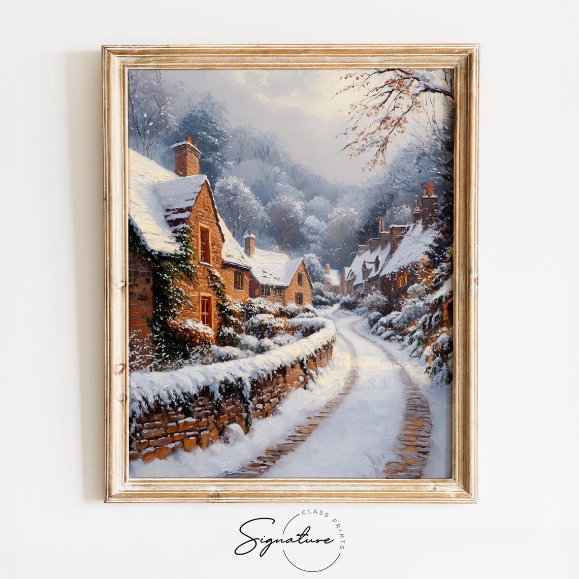 Snowy Village Street with Stone Cottages and Chimneys Poster