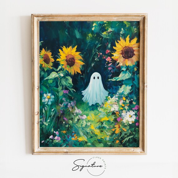 Tiny White Ghost Dark Sunflower Garden Wildflowers Whimsy Poster