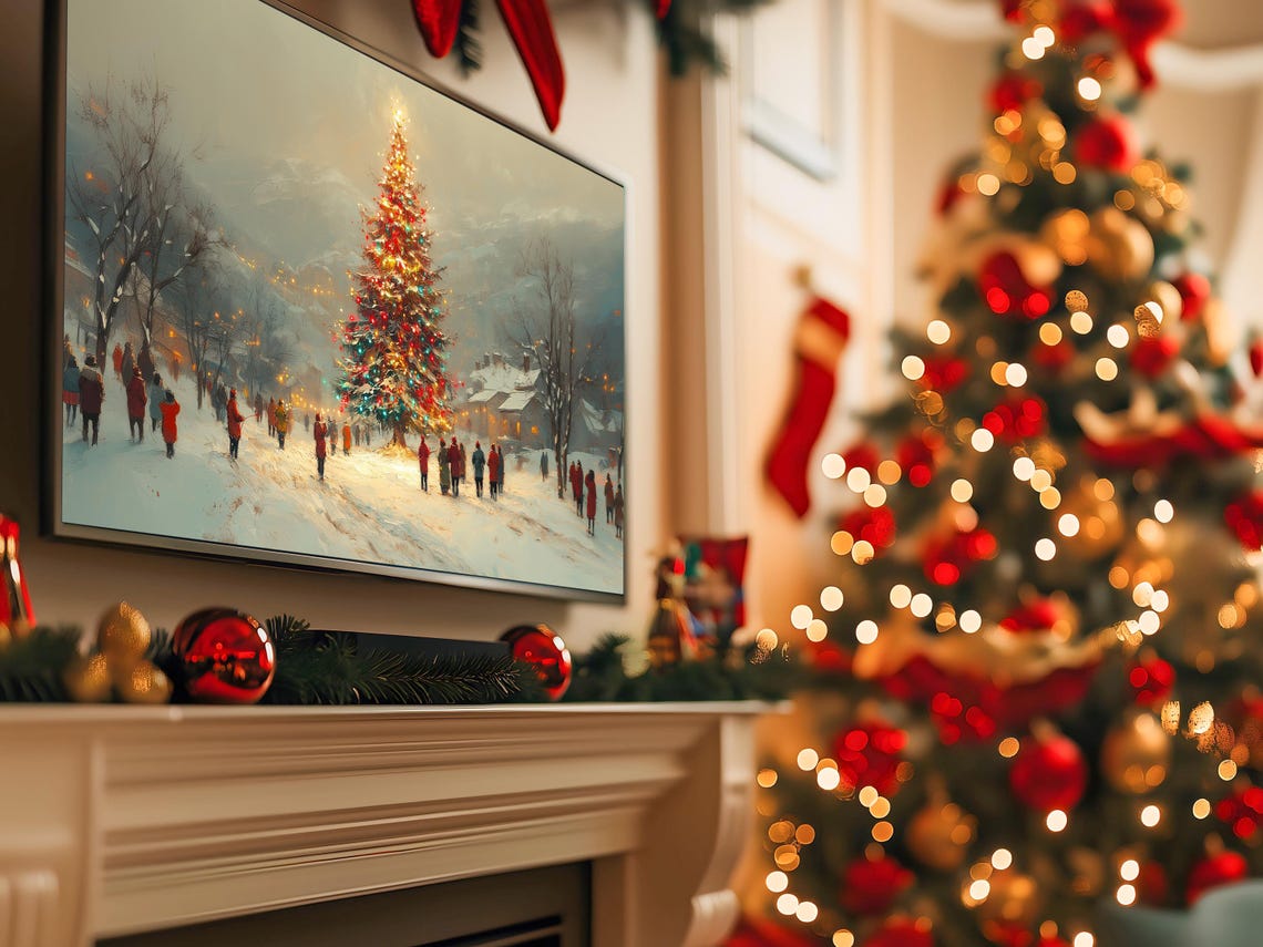 Town Christmas Tree Lighting Crowd In A Snowy Village Square Poster - Image 5