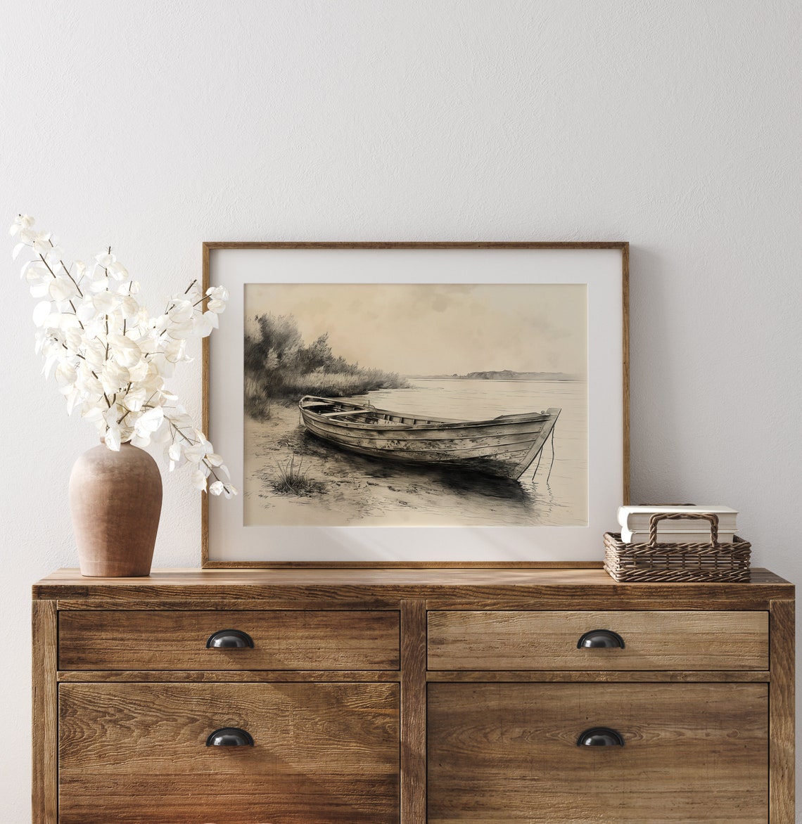 Vintage Rowboat Resting On Riverbank Rustic Nautical Sketch Poster - Image 3
