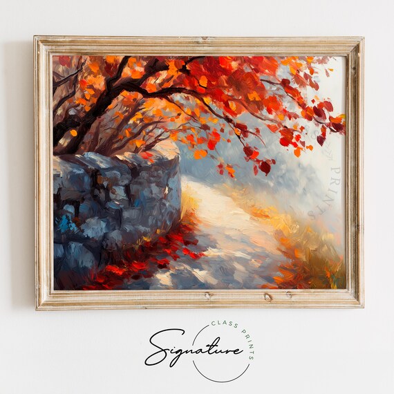 Autumn Stone Wall Painting Red Fall Leaves Impasto Tree Branch Poster