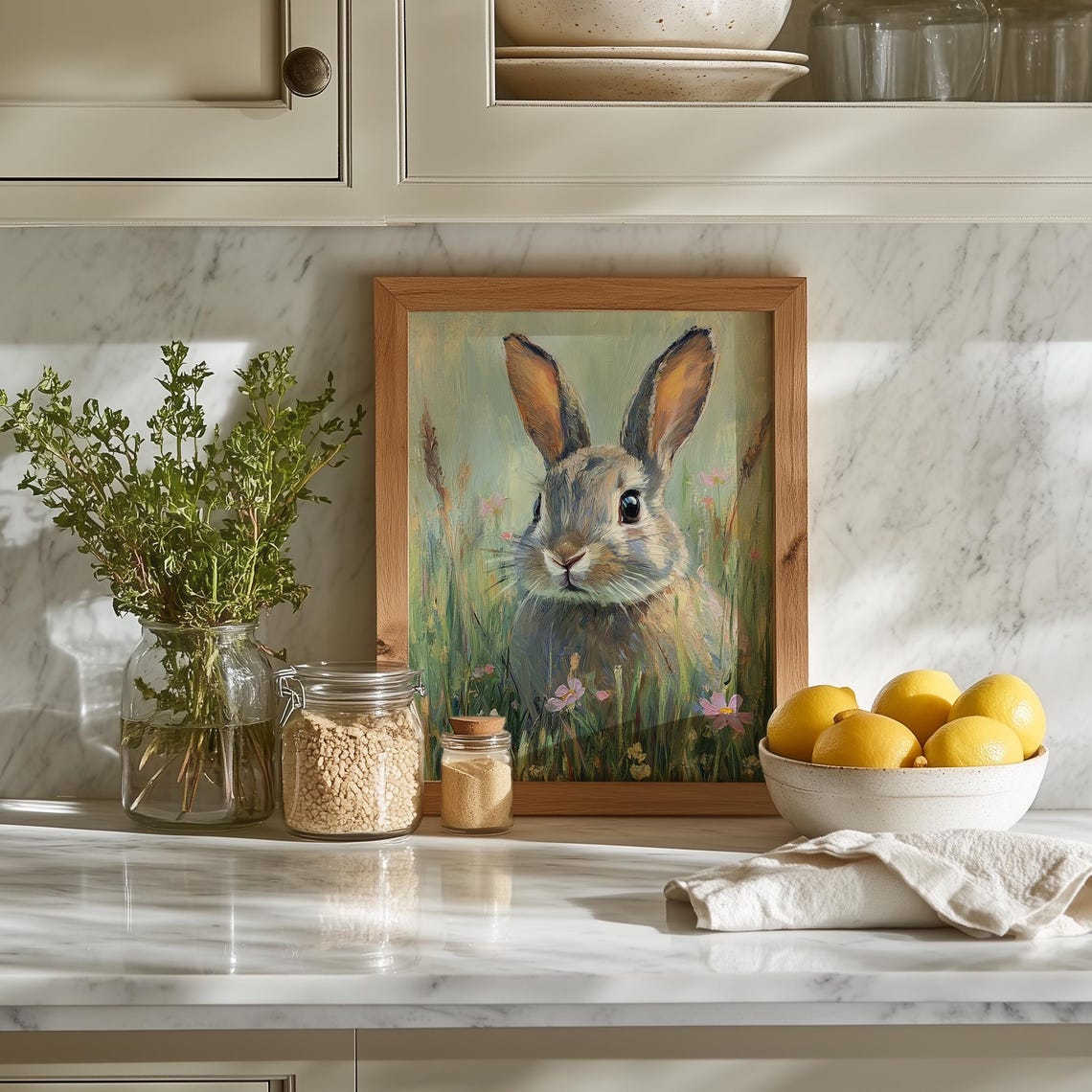 Bunny In Grassy Spring Field Cute Rabbit Animal Painting Wall Art - Image 5