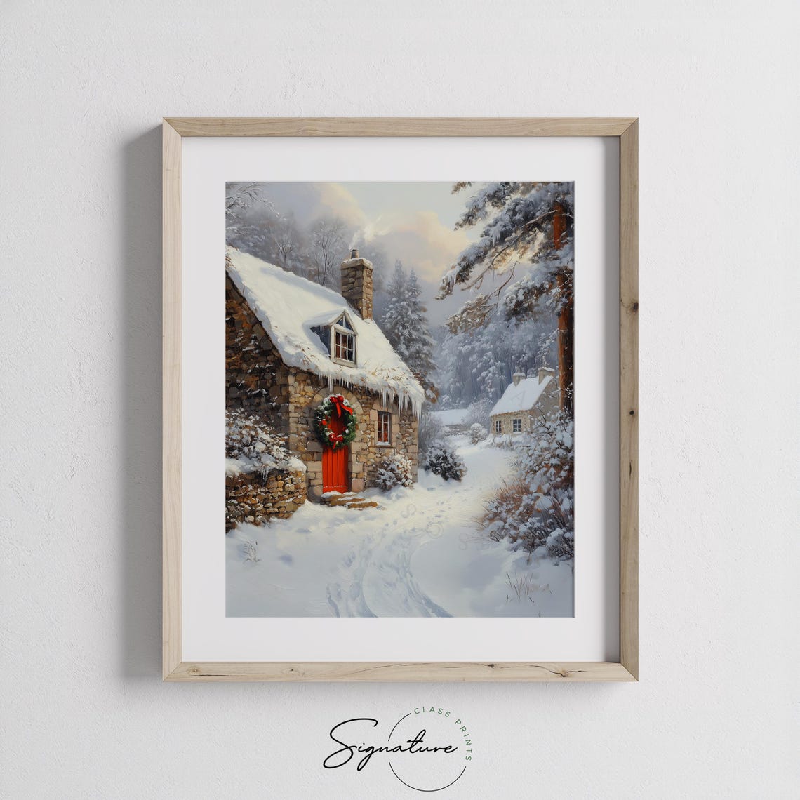 Stone Cottage with Red Door Wreath in a Snowy Winter Forest Poster - Image 2