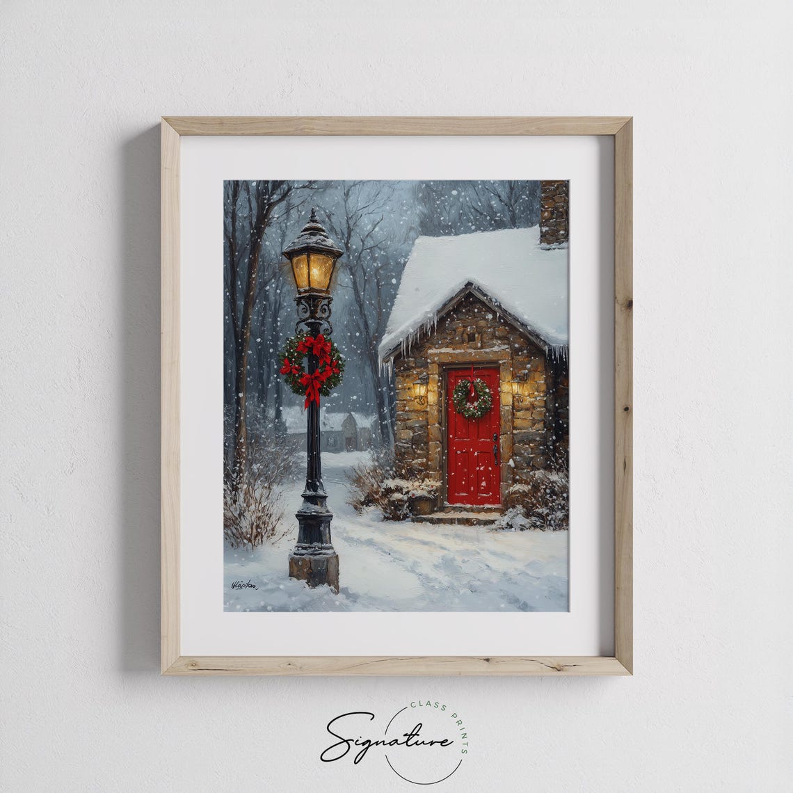 Glowing Christmas Lamppost with Wreath by a Cottage in Snow Poster - Image 2