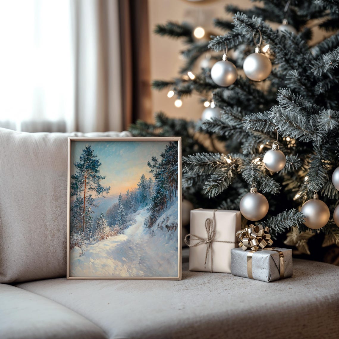 Snowy Forest Path at Sunset Under Blue and Peach Sky View Poster - Image 5