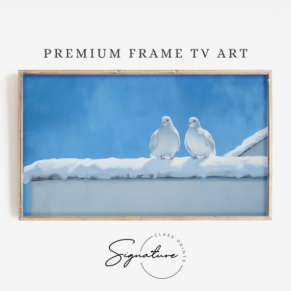 Two White Doves on Snowy Rooftop Blue Sky Winter Bird Poster