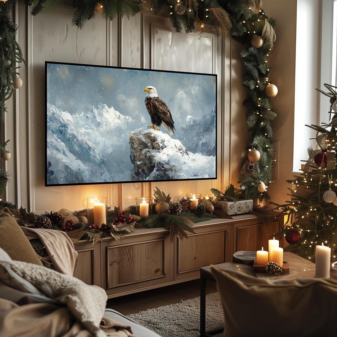 Bald Eagle Perched on Snowy Cliff Winter Mountain Art Poster - Image 3