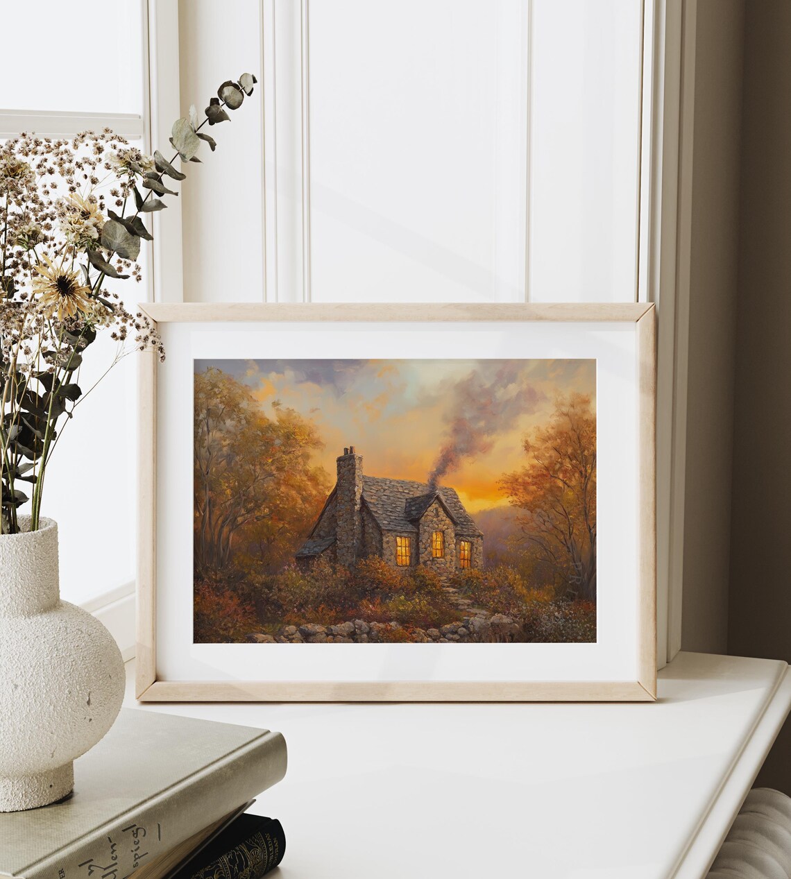 Cozy Stone Cottage Autumn Sunset Painting Glowing Windows Fall Decor Poster - Image 6
