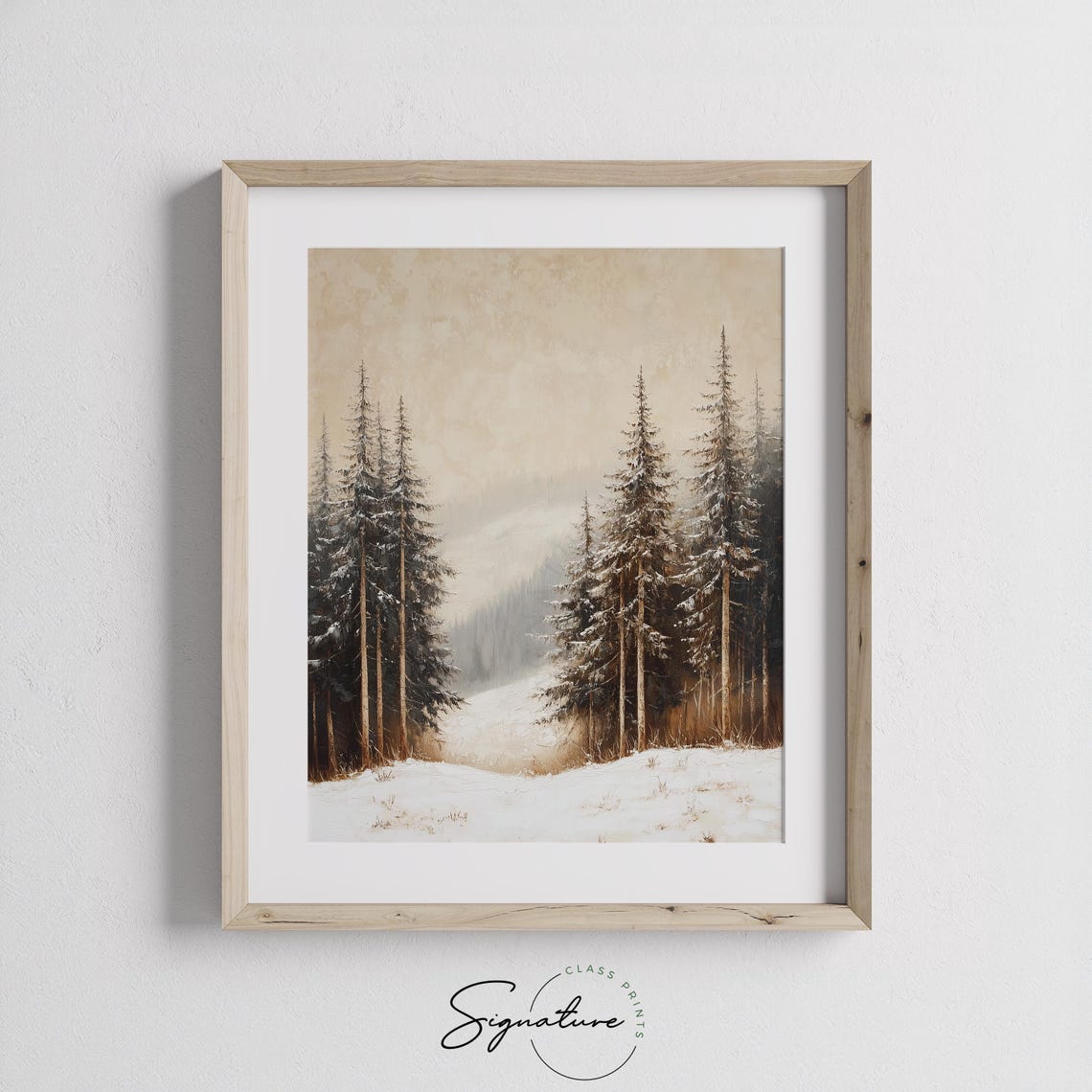 Snowy Path Through Tall Pines in Warm Golden Sunset Light Poster - Image 2
