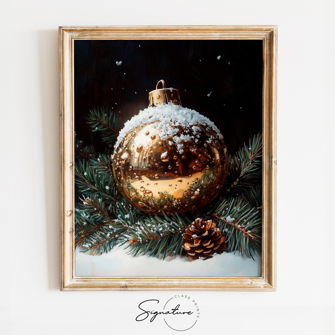Snow Dusted Gold Ornament On Pine Boughs Vintage Holiday Poster