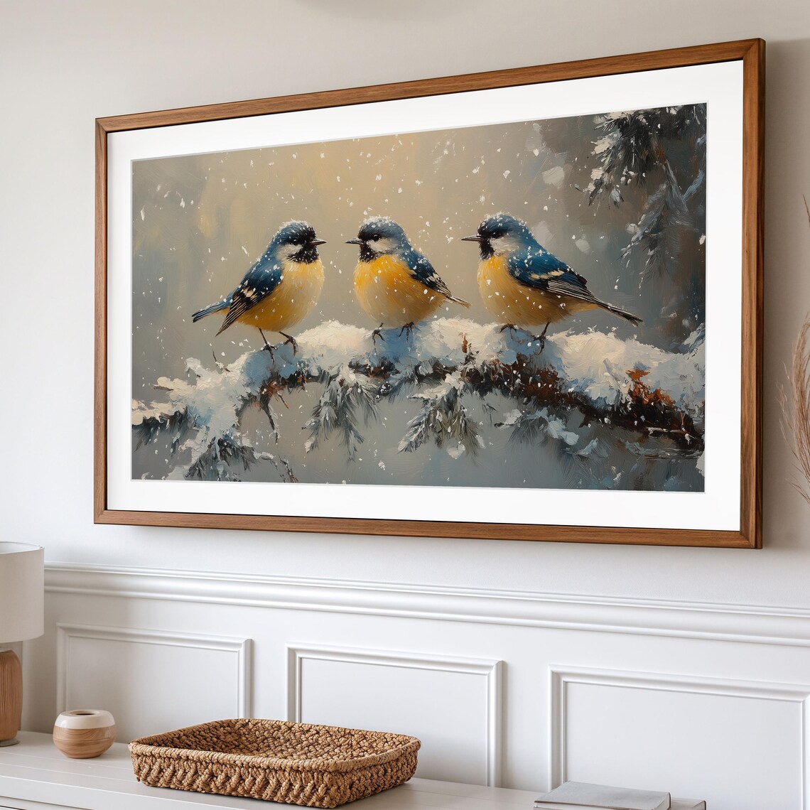 Songbird Trio On Snowy Pine Branch In Falling Snow Winter Bird Art Poster - Image 2