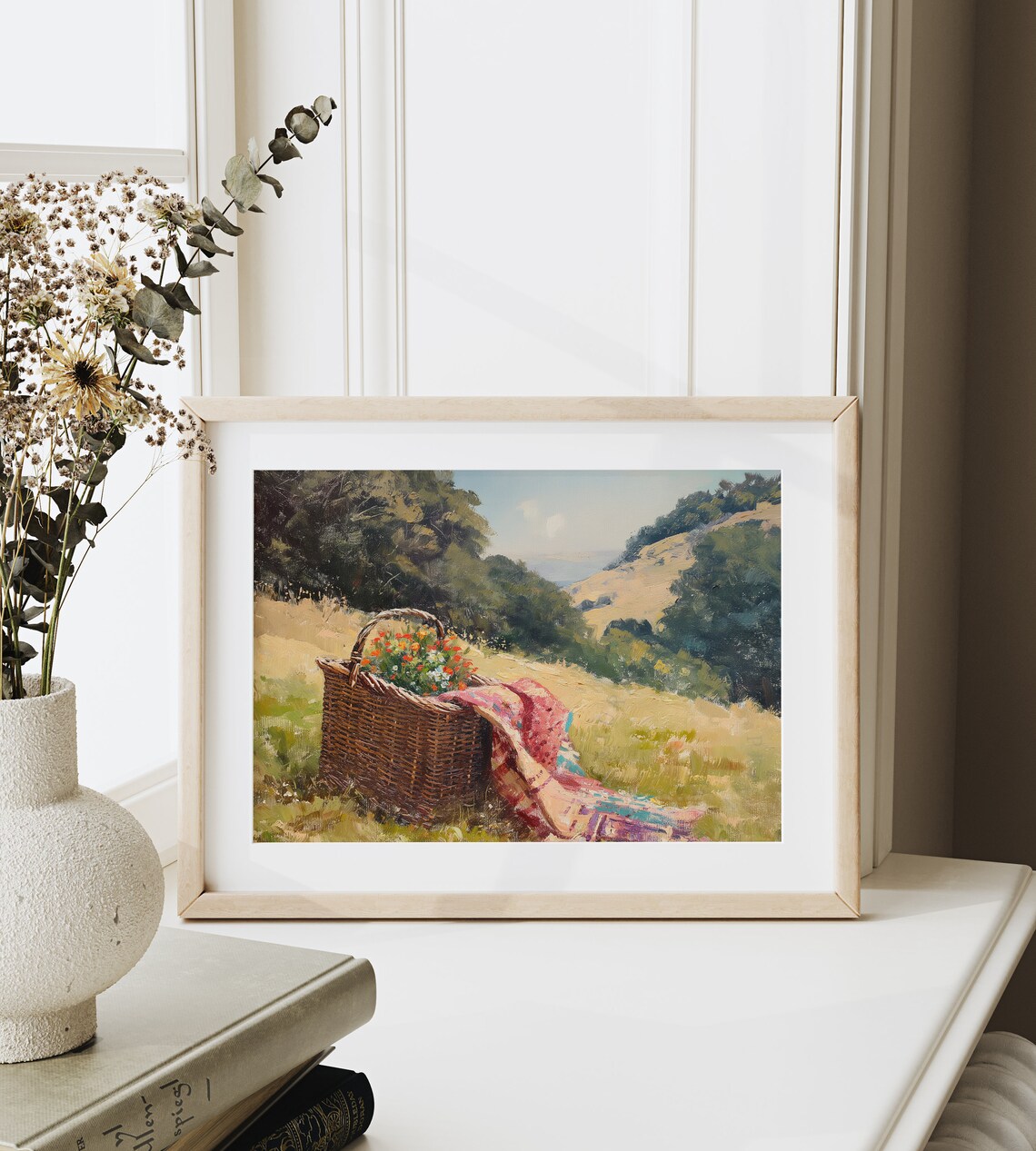 Rustic Picnic Basket Wildflowers Hillside Meadow Oil Painting Wall Art - Image 6