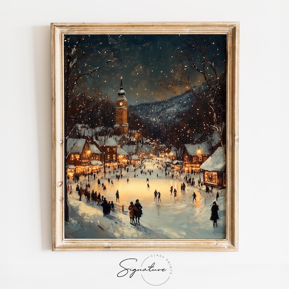 Winter Village Square With Ice Skating Rink Art Print