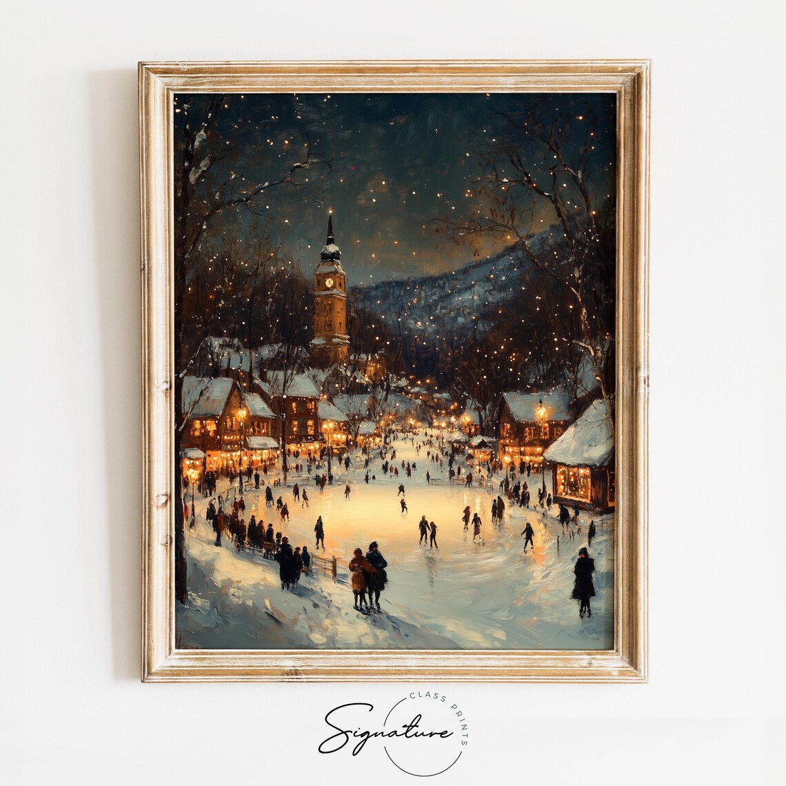 Winter Village Square With Ice Skating Rink Art Print