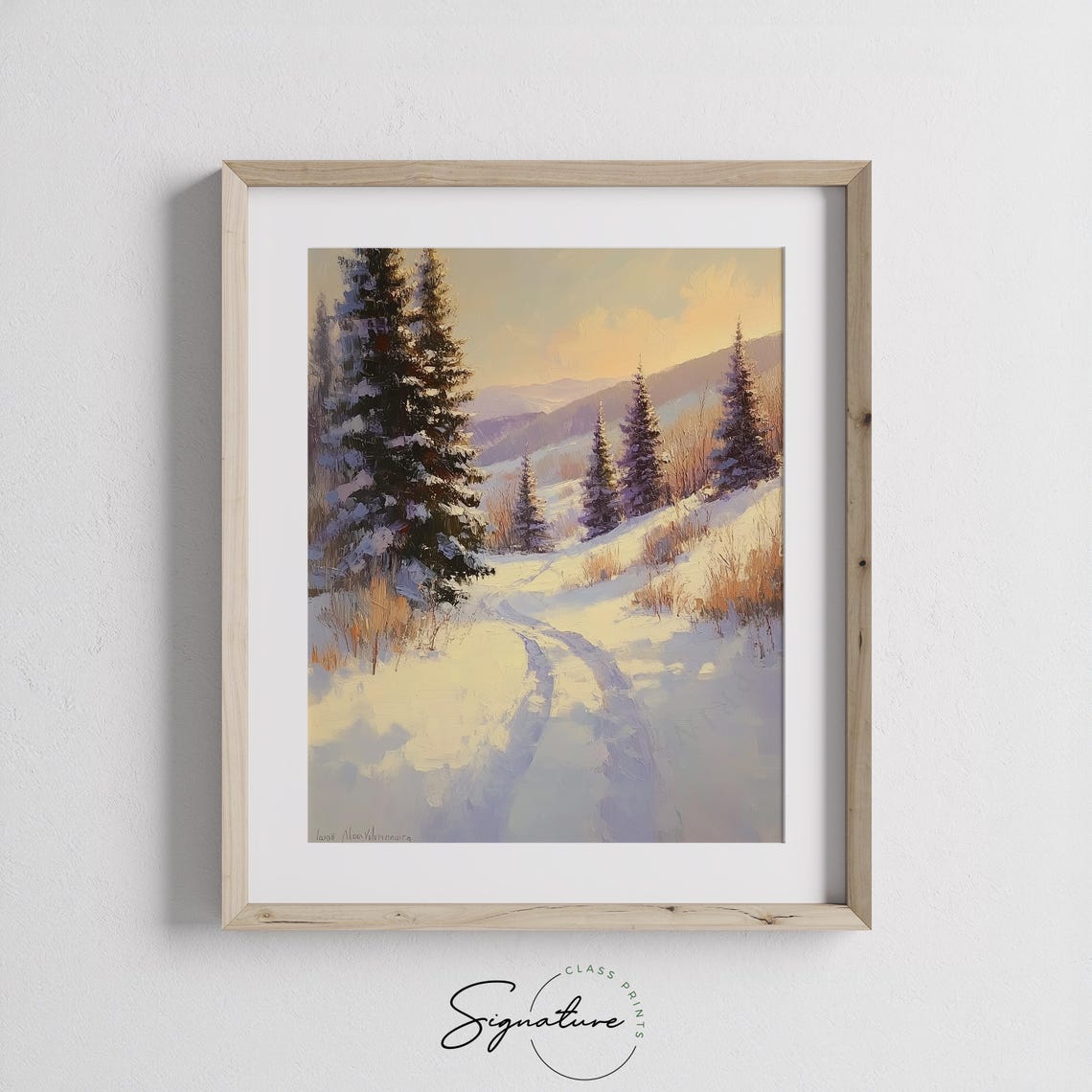 Golden Sunset Over Snowy Pine Hillside Winter Trail Scene Poster - Image 2