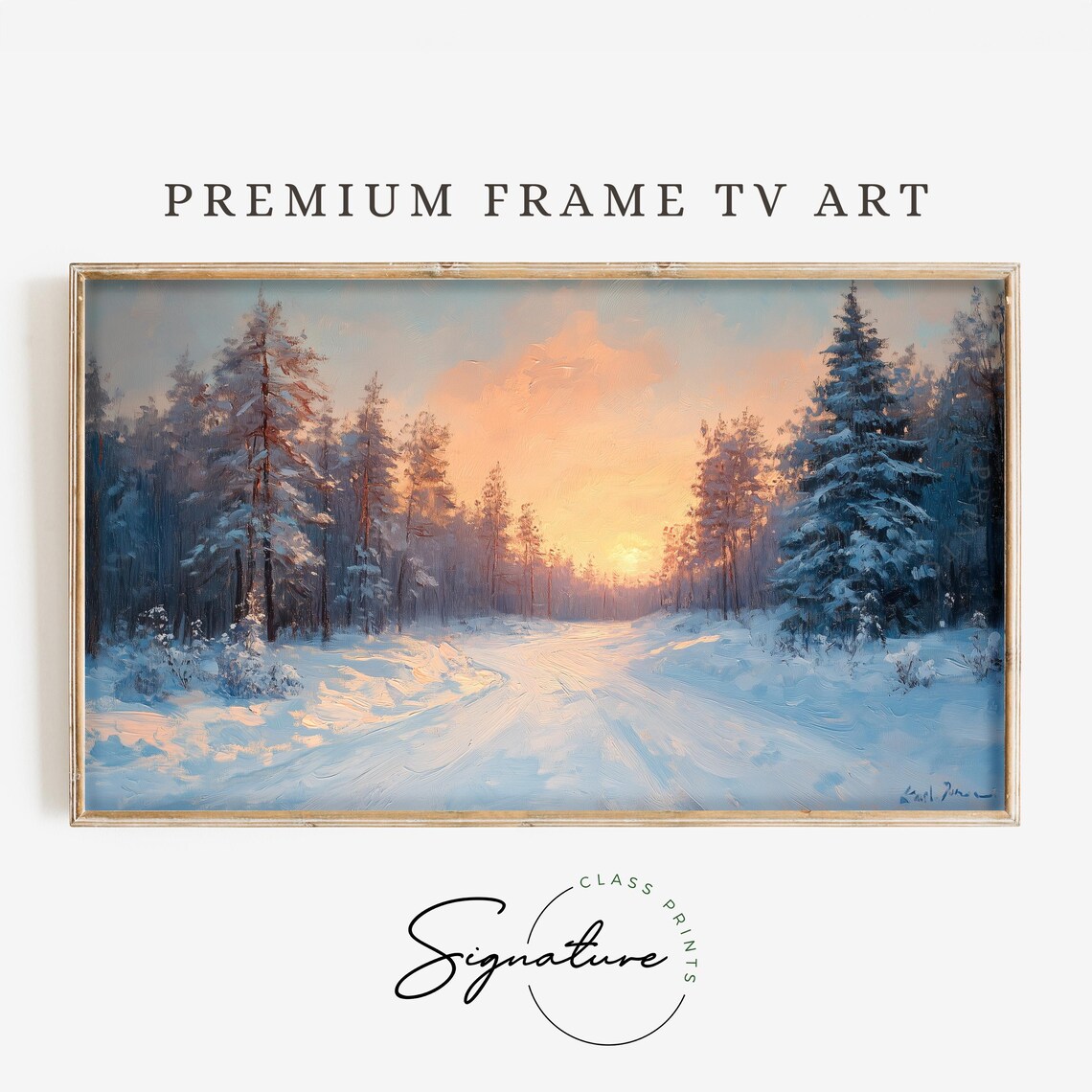 Snowy Forest Sunrise Winter Road Pine Trees Morning Glow Landscape Poster