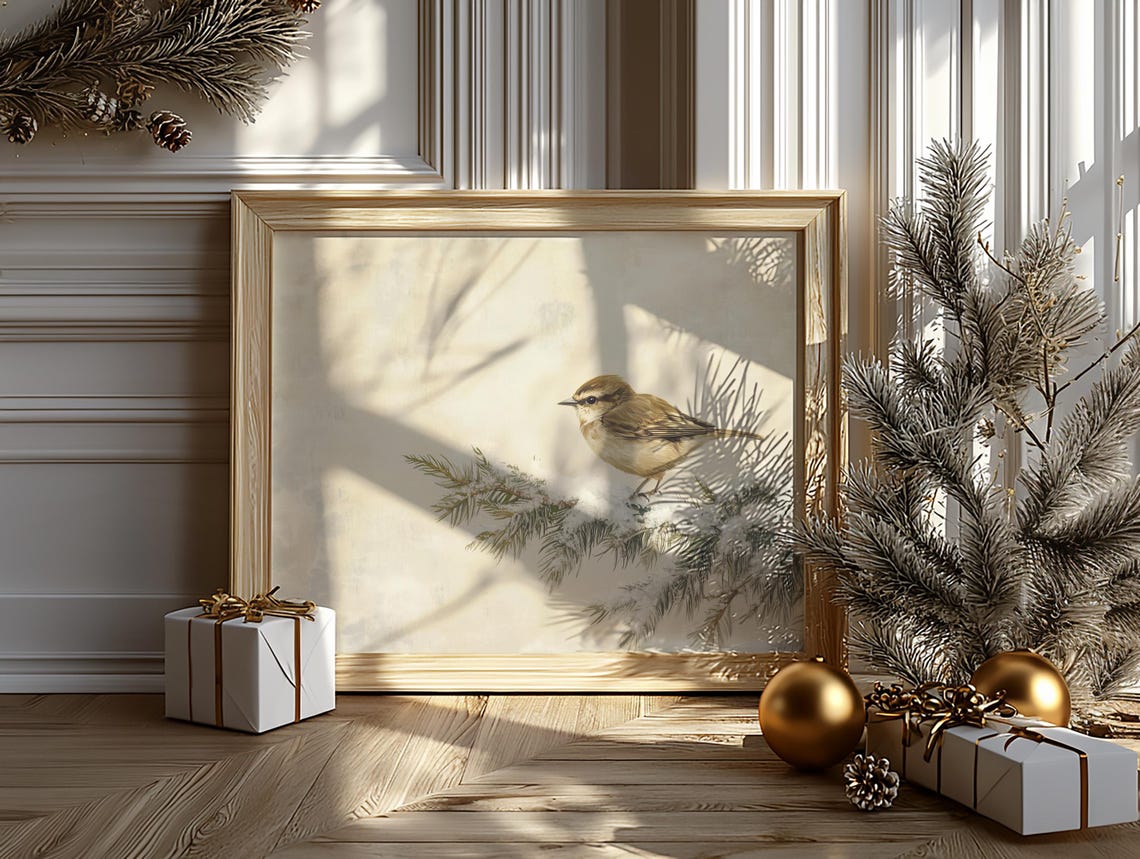 Sweet Goldcrest On Snowy Fir Branch Rustic Winter Bird Art Poster - Image 6