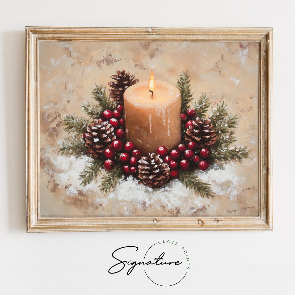 Lit Holiday Candle With Cranberries Pinecones Festive Wreath Poster