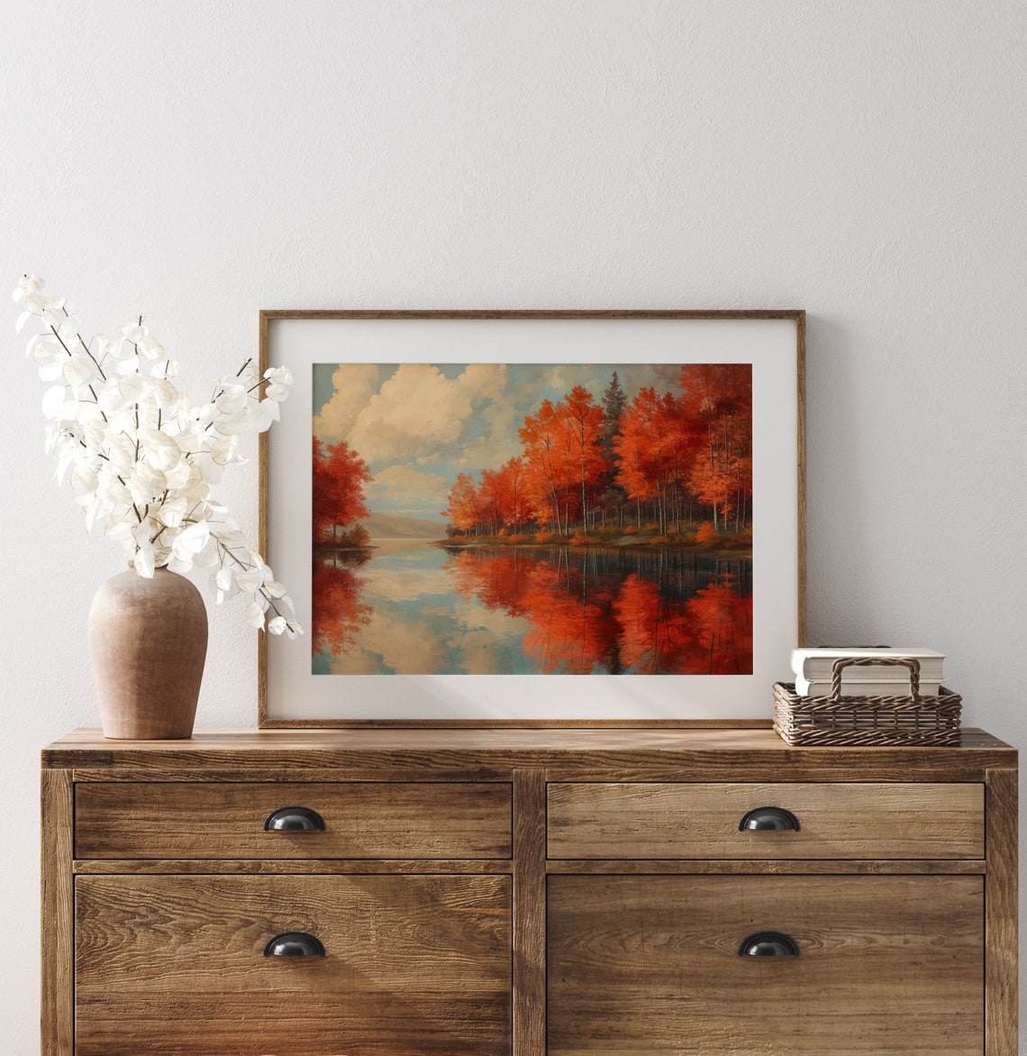 Vivid Orange Maple Trees Mirrored In Still Lake Clouds Poster - Image 3