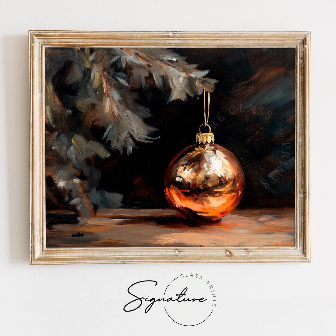 Shiny Copper Christmas Ornament Hanging From Pine Branch Poster