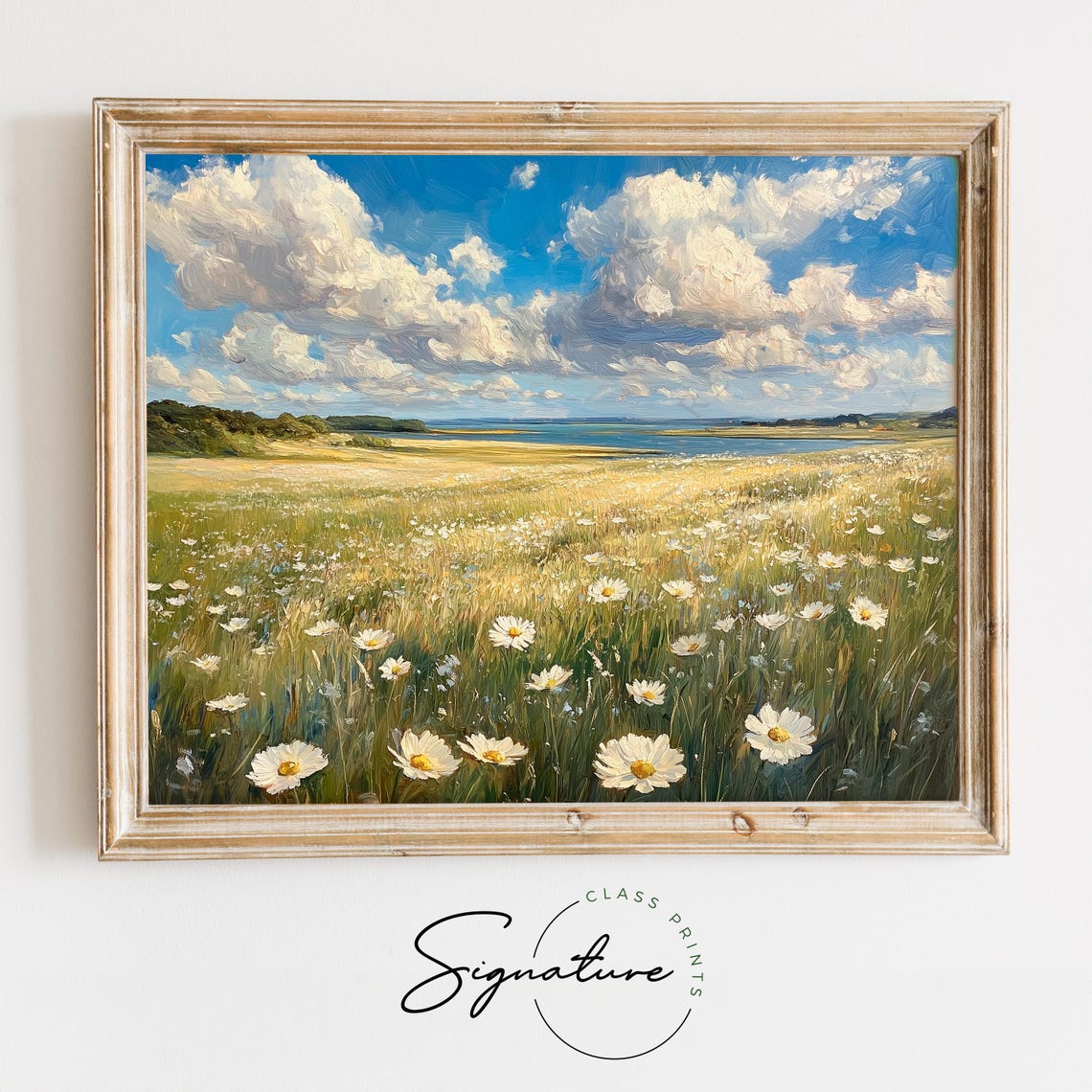 White Daisy Meadow Lakeside Dramatic Clouds Summer Wildflower Poster