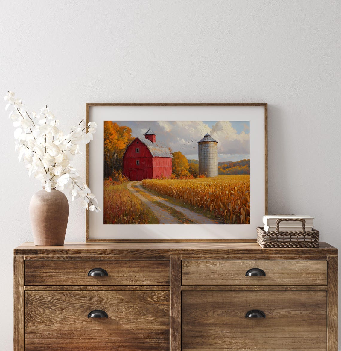 Red Barn Silo Cornfield Autumn Farm Rustic Fall Harvest Wall Art - Image 3