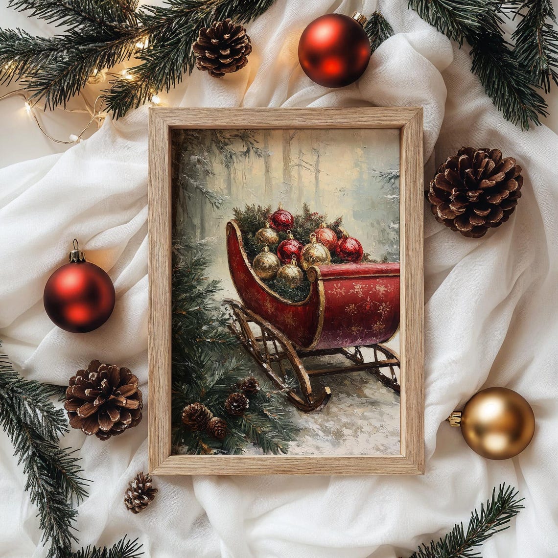 Red Vintage Sleigh Full of Ornaments Snowy Forest Christmas Print - Image 4