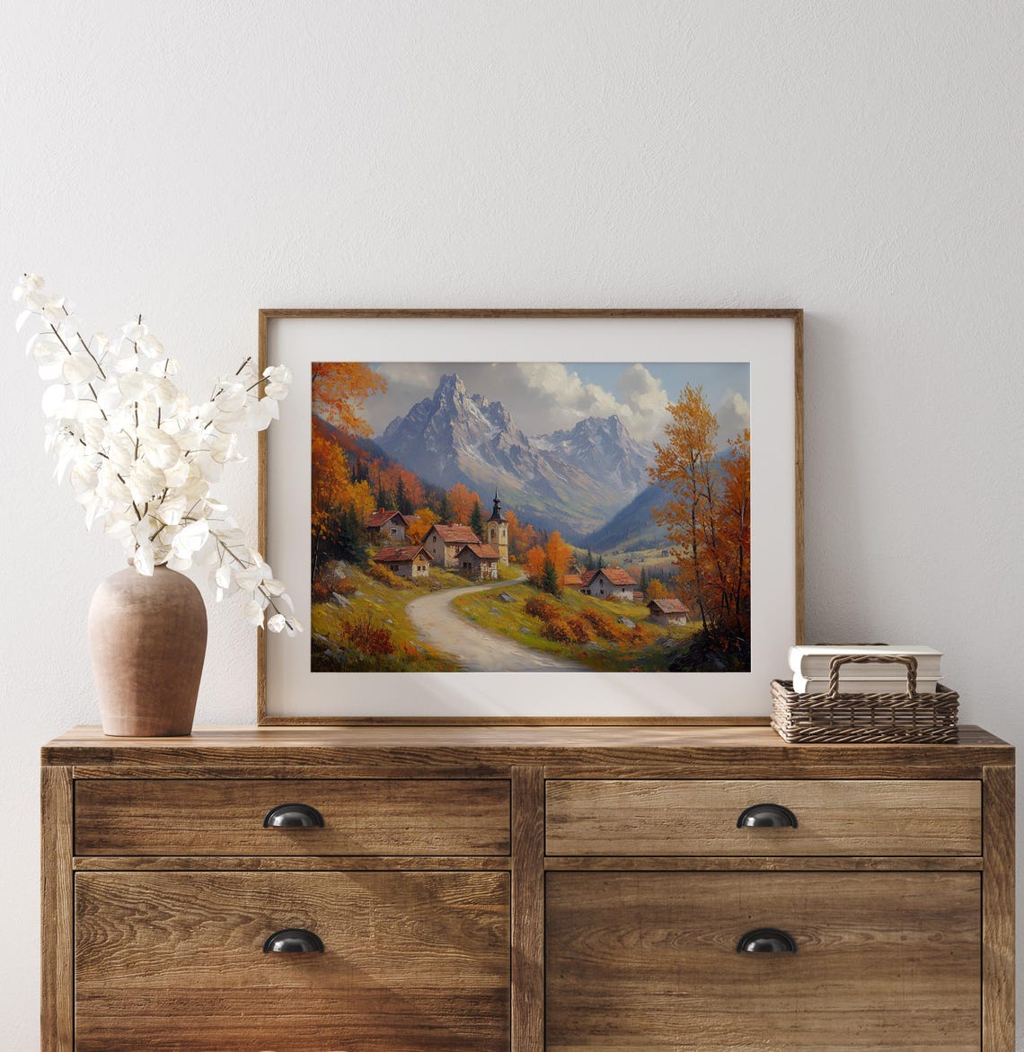 Alpine Village Chapel Snowy Peaks Autumn Oil Painting Poster - Image 3
