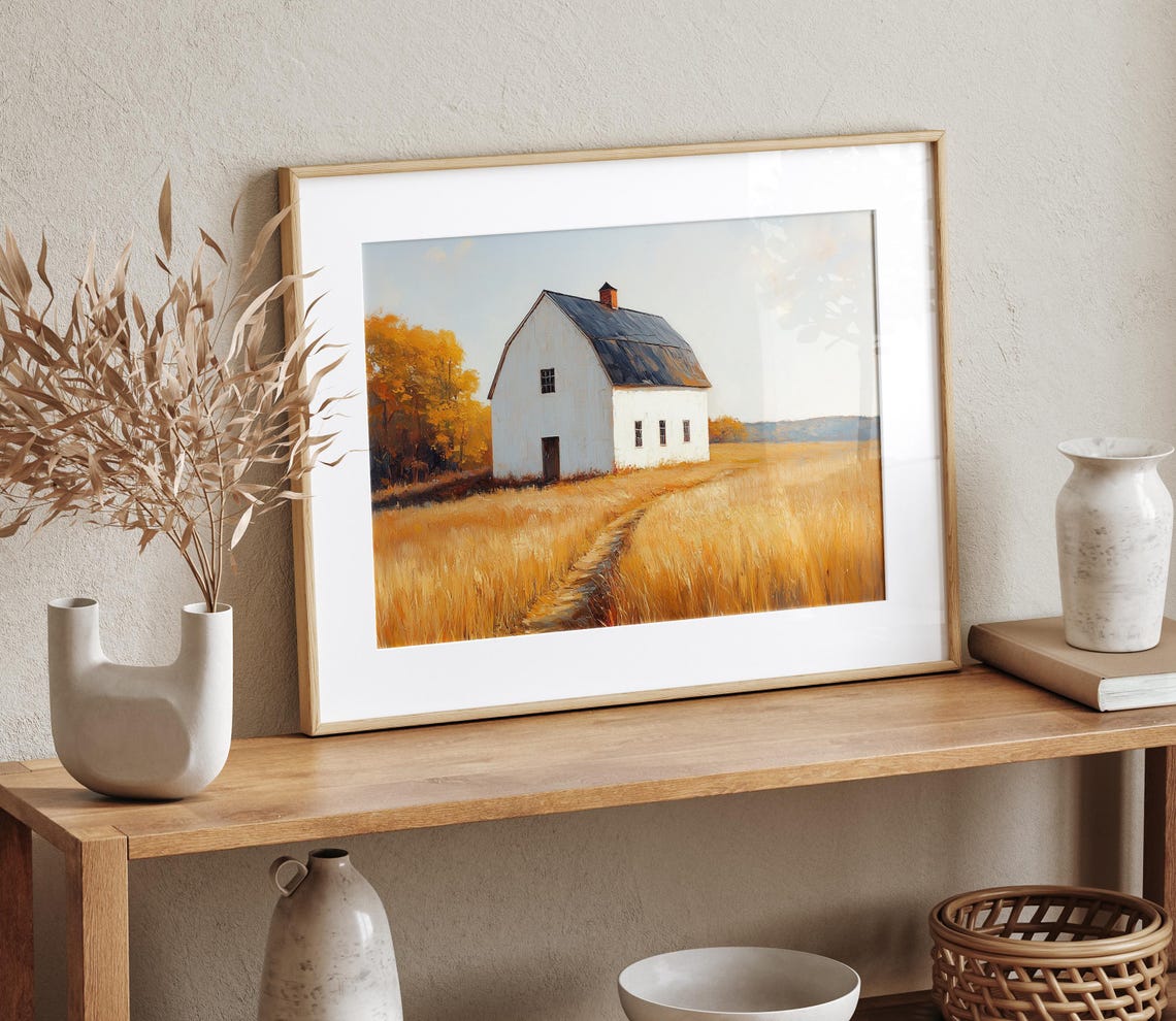 White Barn Standing Alone in Endless Golden Wheat Field Wall Art - Image 4